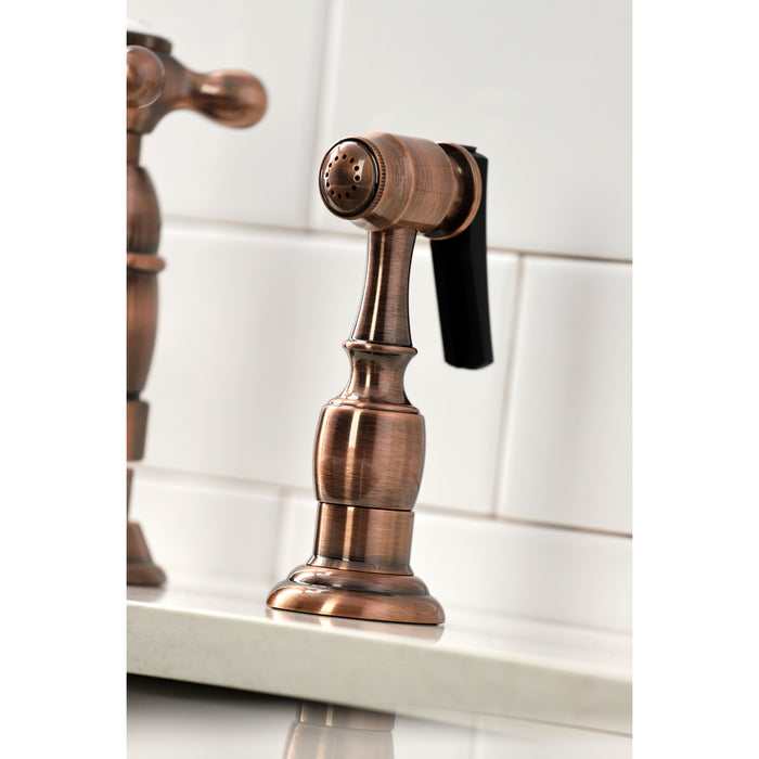 Kingston Heirloom KS127AXBSAC - Heritage Two-Handle 4-Hole Deck Mount Bridge Kitchen Faucet with Brass Sprayer, Antique Copper