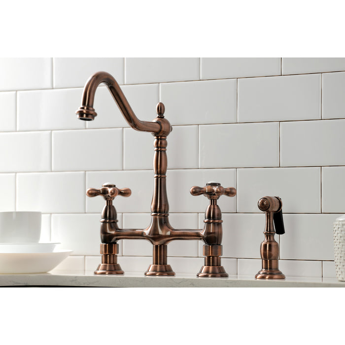 Heritage KS127AXBSAC Two-Handle 4-Hole Deck Mount Bridge Kitchen Faucet with Brass Sprayer, Antique Copper