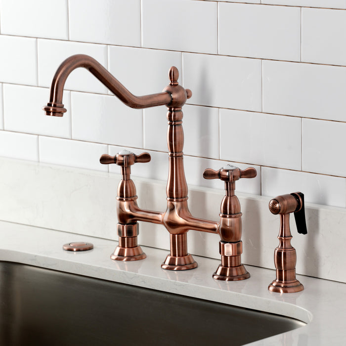Kingston Heirloom KS127BEXBSAC - Essex Two-Handle 4-Hole Deck Mount Bridge Kitchen Faucet with Brass Sprayer, Antique Copper