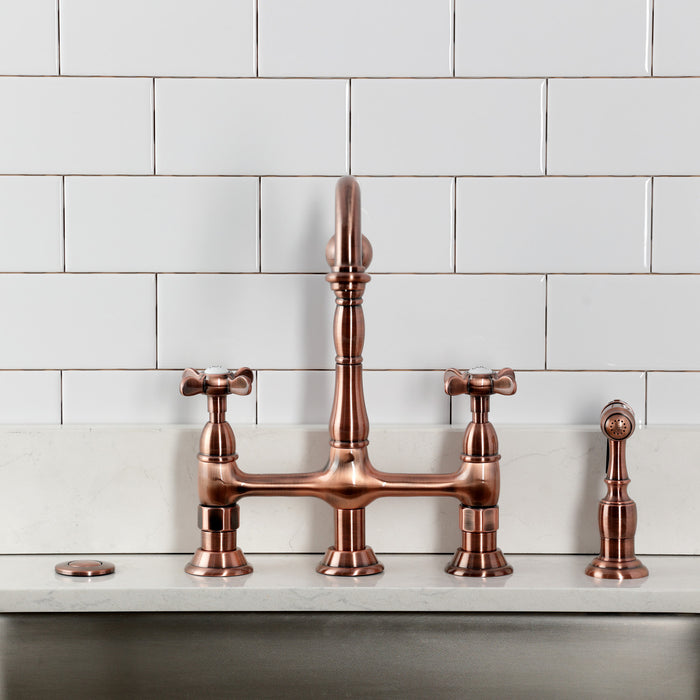 Kingston Heirloom KS127BEXBSAC - Essex Two-Handle 4-Hole Deck Mount Bridge Kitchen Faucet with Brass Sprayer, Antique Copper