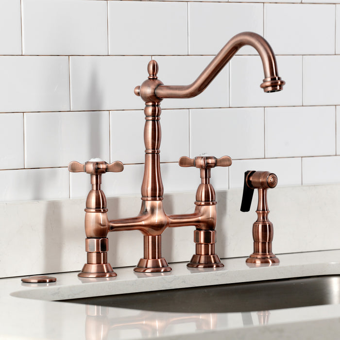 Kingston Heirloom KS127BEXBSAC - Essex Two-Handle 4-Hole Deck Mount Bridge Kitchen Faucet with Brass Sprayer, Antique Copper