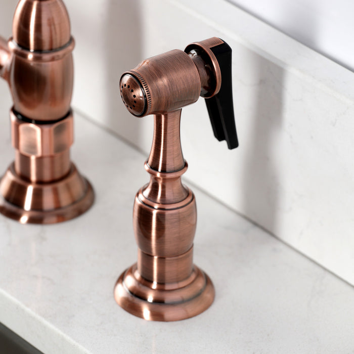 Kingston Heirloom KS127BEXBSAC - Essex Two-Handle 4-Hole Deck Mount Bridge Kitchen Faucet with Brass Sprayer, Antique Copper