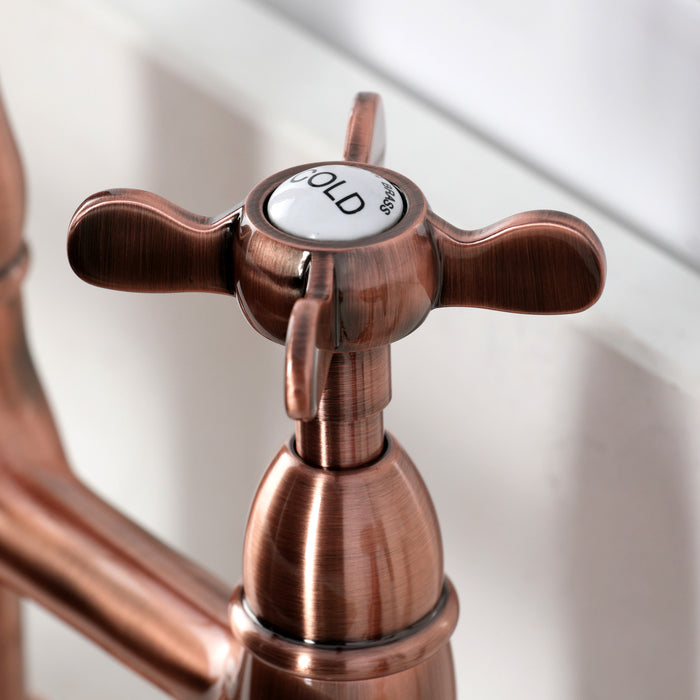 Kingston Heirloom KS127BEXBSAC - Essex Two-Handle 4-Hole Deck Mount Bridge Kitchen Faucet with Brass Sprayer, Antique Copper