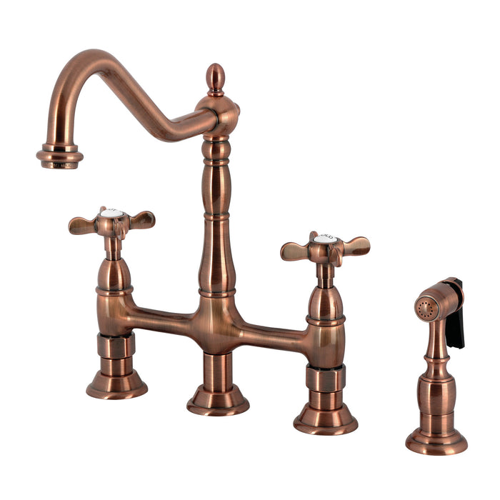 Kingston Heirloom KS127BEXBSAC - Essex Two-Handle 4-Hole Deck Mount Bridge Kitchen Faucet with Brass Sprayer, Antique Copper