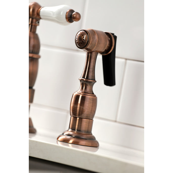 Kingston Heirloom KS127PLBSAC - Heritage Two-Handle 4-Hole Deck Mount Bridge Kitchen Faucet with Brass Sprayer, Antique Copper