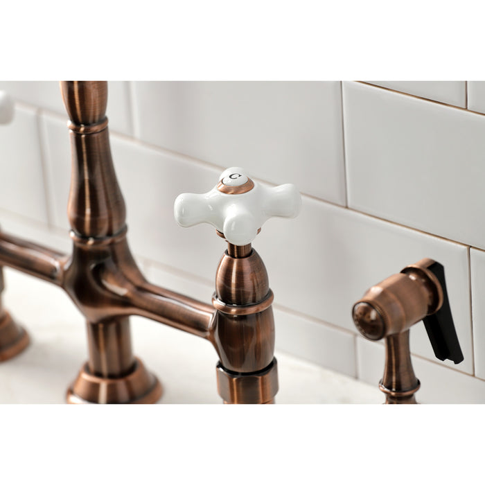 Kingston Heirloom KS127PXBSAC - Heritage Two-Handle 4-Hole Deck Mount Bridge Kitchen Faucet with Brass Sprayer, Antique Copper