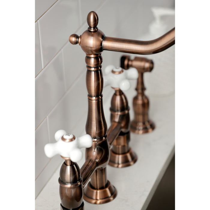 Kingston Heirloom KS127PXBSAC - Heritage Two-Handle 4-Hole Deck Mount Bridge Kitchen Faucet with Brass Sprayer, Antique Copper