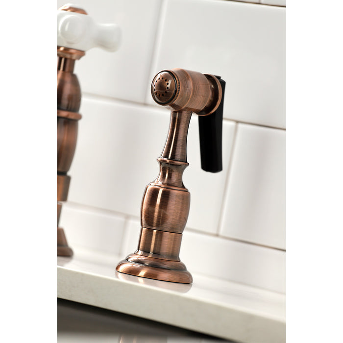 Heritage KS127PXBSAC Two-Handle 4-Hole Deck Mount Bridge Kitchen Faucet with Brass Sprayer, Antique Copper