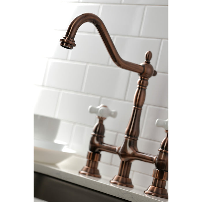 Kingston Heirloom KS127PXBSAC - Heritage Two-Handle 4-Hole Deck Mount Bridge Kitchen Faucet with Brass Sprayer, Antique Copper