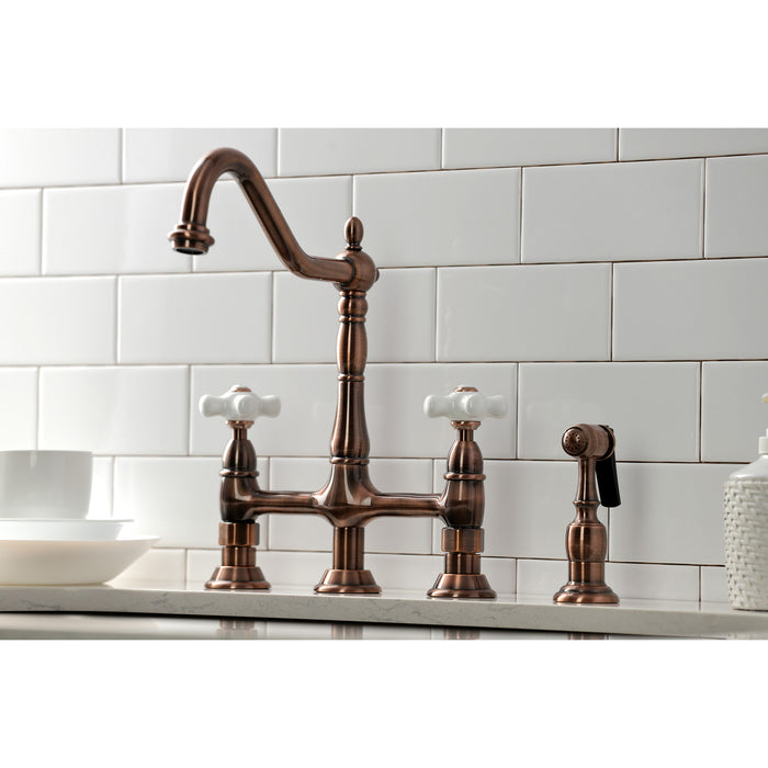 Kingston Heirloom KS127PXBSAC - Heritage Two-Handle 4-Hole Deck Mount Bridge Kitchen Faucet with Brass Sprayer, Antique Copper