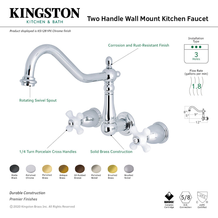 Kingston Heirloom KS1280PX - Heritage Two-Handle 3-Hole Wall Mount Kitchen Faucet, Matte Black