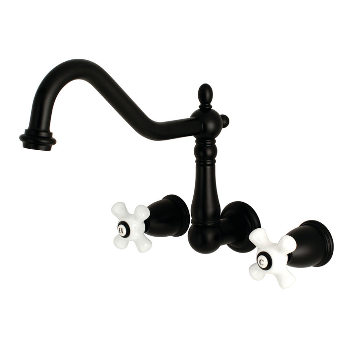 Kingston Heirloom KS1280PX - Heritage Two-Handle 3-Hole Wall Mount Kitchen Faucet, Matte Black
