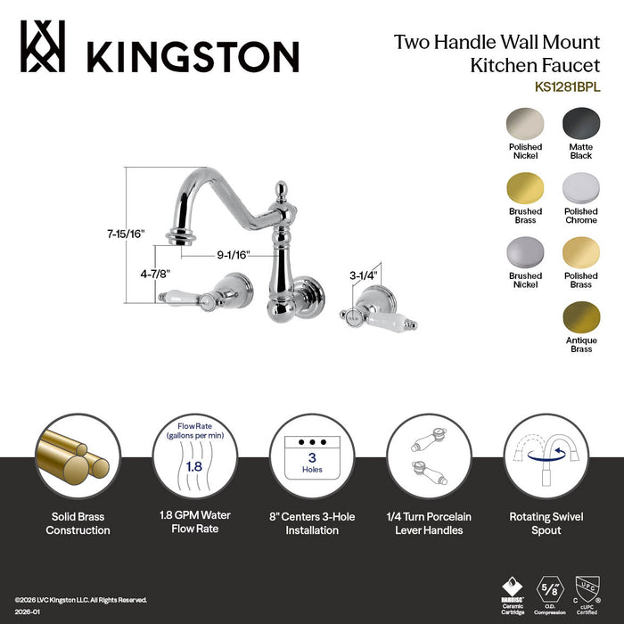 Kingston Heirloom KS1282BPL - Bel-Air Two-Handle 3-Hole Wall Mount Kitchen Faucet, Polished Brass