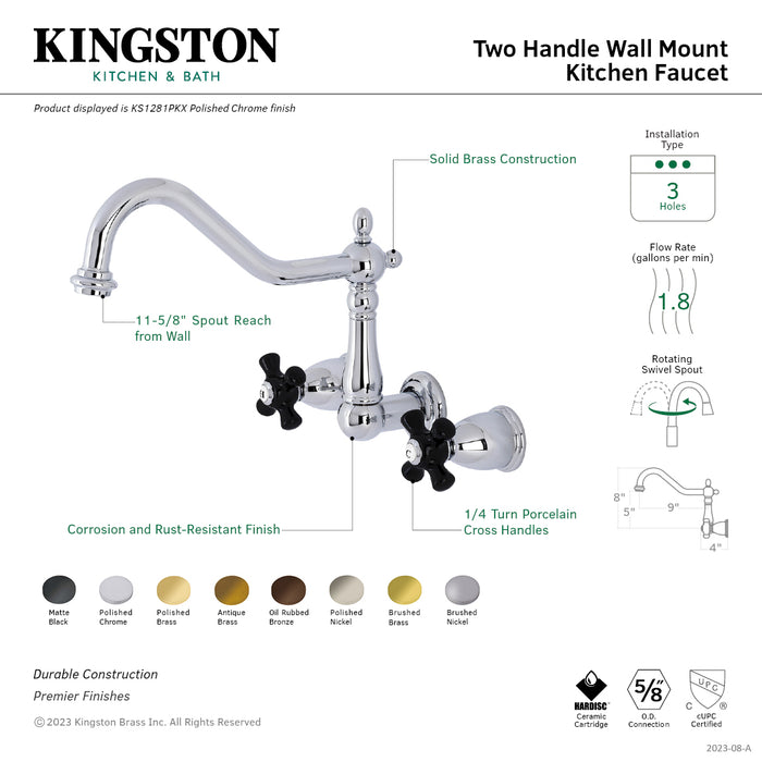 Kingston Heirloom KS1282PKX - Duchess Two-Handle 3-Hole Wall Mount Kitchen Faucet, Polished Brass