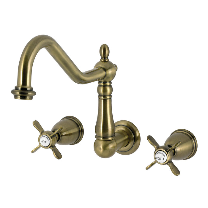 Kingston Heirloom KS1283BEX - Essex Two-Handle 3-Hole Wall Mount Kitchen Faucet, Antique Brass