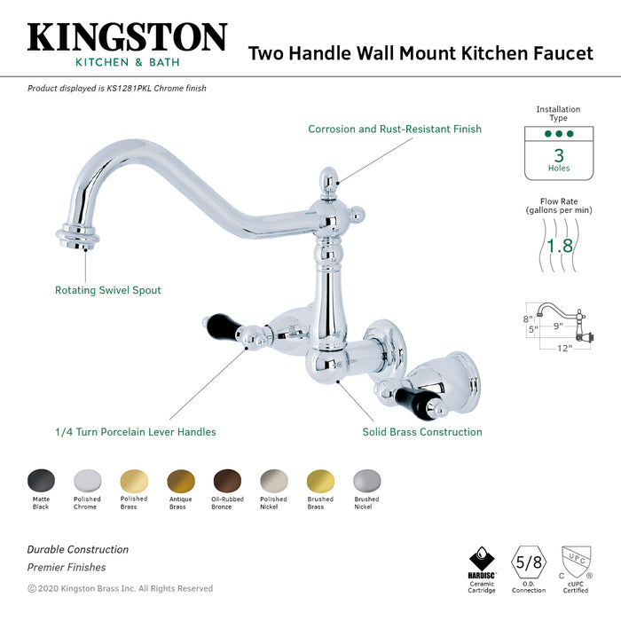 Kingston Heirloom KS1283PKL - Duchess Two-Handle 3-Hole Wall Mount Kitchen Faucet, Antique Brass