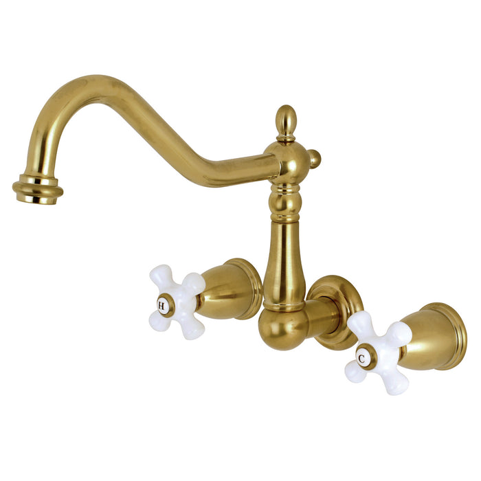 Kingston Heirloom KS1287PX - Heritage Two-Handle 3-Hole Wall Mount Kitchen Faucet, Brushed Brass