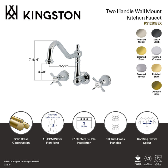 Kingston Heirloom KS1288BEX - Essex Two-Handle 3-Hole Wall Mount Kitchen Faucet, Brushed Nickel