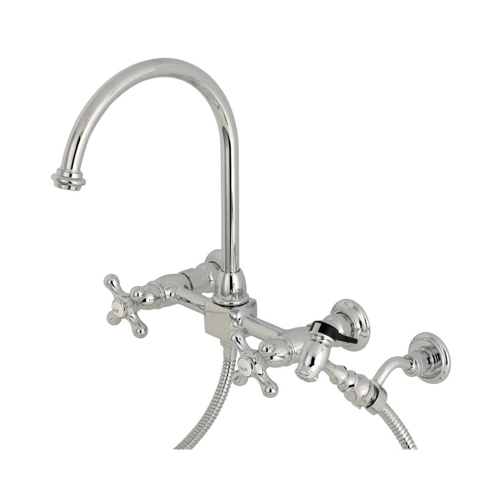 Kingston Tulare KS1291AXBS - Restoration Two-Handle 3-Hole Wall Mount Bridge Kitchen Faucet with Brass Sprayer, Polished Chrome