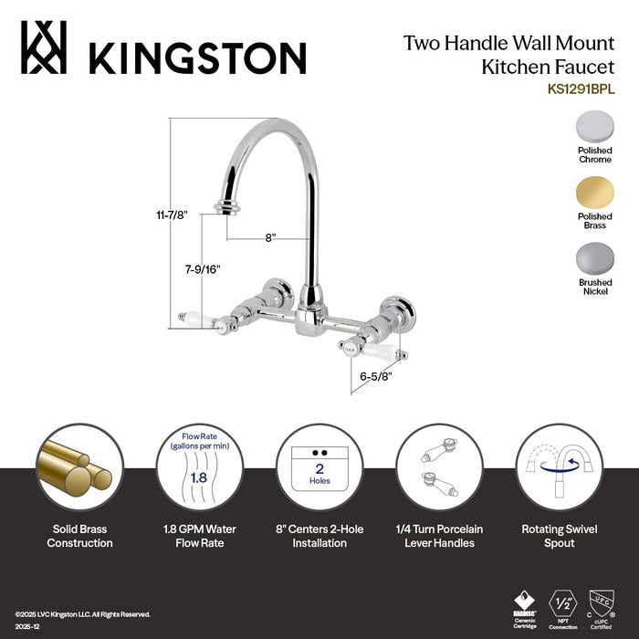 Kingston Tulare KS1291BPL - Bel-Air Two-Handle 2-Hole Wall Mount Bridge Kitchen Faucet, Polished Chrome
