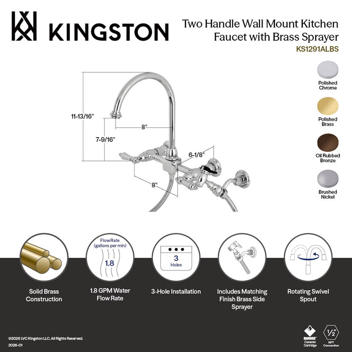 Kingston Tulare KS1292ALBS - Restoration Two-Handle 3-Hole Wall Mount Bridge Kitchen Faucet with Brass Sprayer, Polished Brass