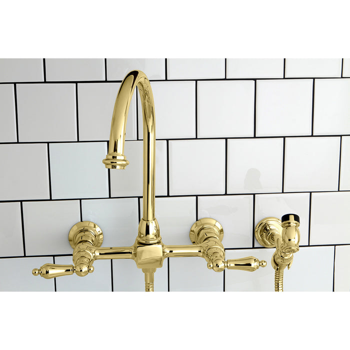 Kingston Tulare KS1292ALBS - Restoration Two-Handle 3-Hole Wall Mount Bridge Kitchen Faucet with Brass Sprayer, Polished Brass