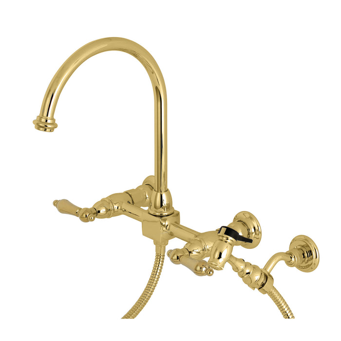 Kingston Tulare KS1292ALBS - Restoration Two-Handle 3-Hole Wall Mount Bridge Kitchen Faucet with Brass Sprayer, Polished Brass
