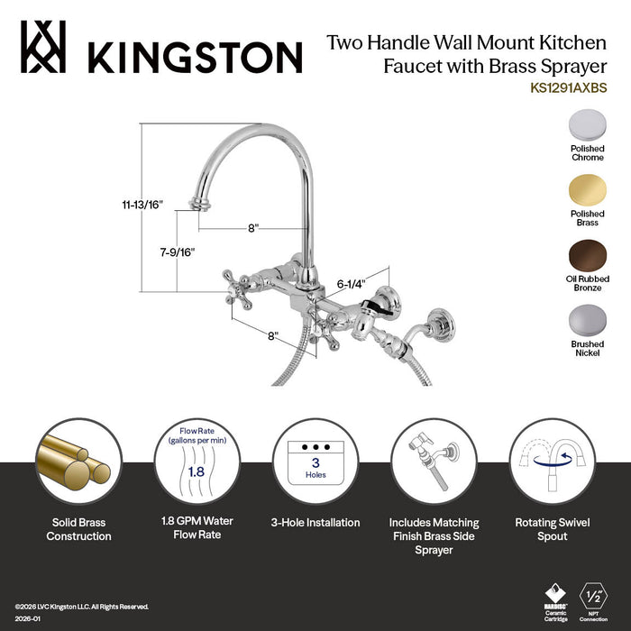 Kingston Tulare KS1292AXBS - Restoration Two-Handle 3-Hole Wall Mount Bridge Kitchen Faucet with Brass Sprayer, Polished Brass