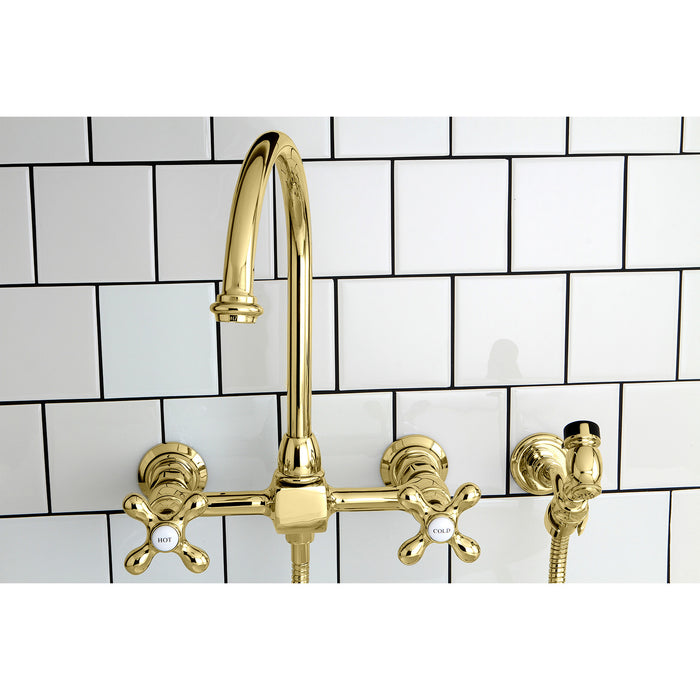 Kingston Tulare KS1292AXBS - Restoration Two-Handle 3-Hole Wall Mount Bridge Kitchen Faucet with Brass Sprayer, Polished Brass