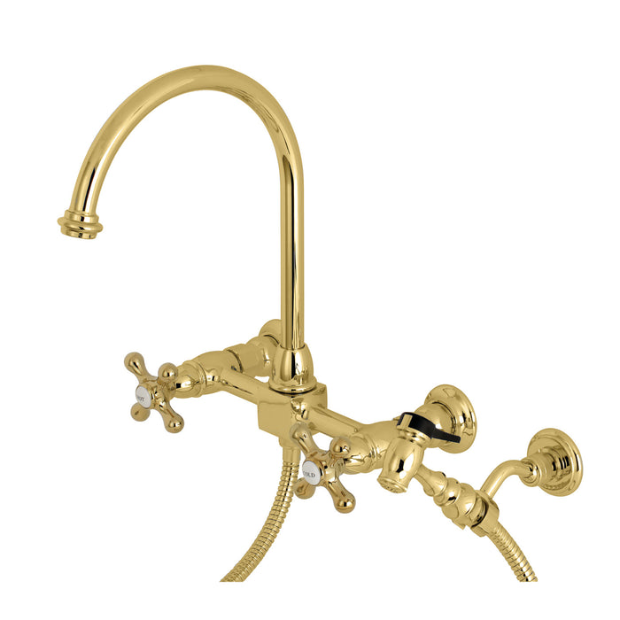 Kingston Tulare KS1292AXBS - Restoration Two-Handle 3-Hole Wall Mount Bridge Kitchen Faucet with Brass Sprayer, Polished Brass