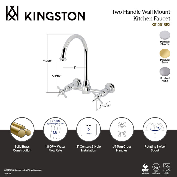 Kingston Tulare KS1292BEX - Essex Two-Handle 2-Hole Wall Mount Bridge Kitchen Faucet, Polished Brass