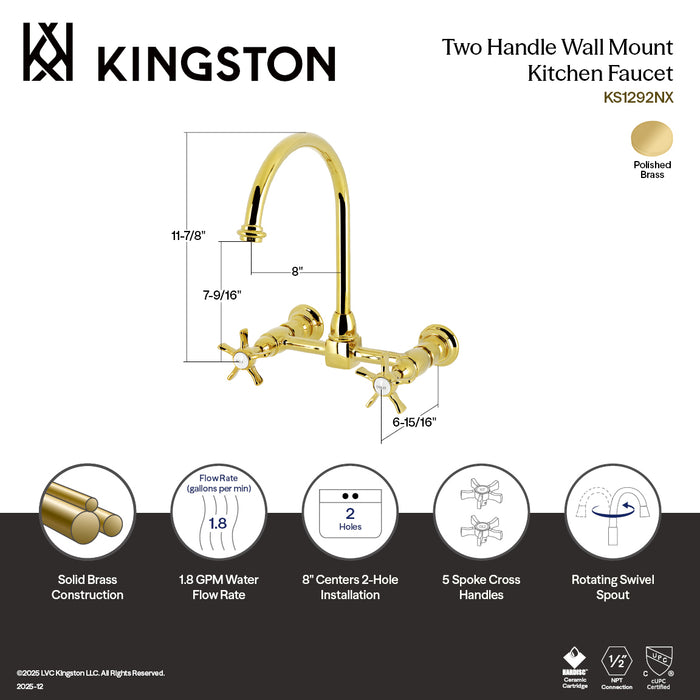 Kingston Tulare KS1292NX - Hamilton Two-Handle 2-Hole Wall Mount Bridge Kitchen Faucet, Polished Brass