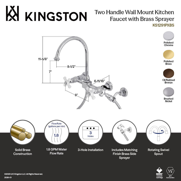 Kingston Tulare KS1292PXBS - Restoration Two-Handle 3-Hole Wall Mount Bridge Kitchen Faucet with Brass Sprayer, Polished Brass