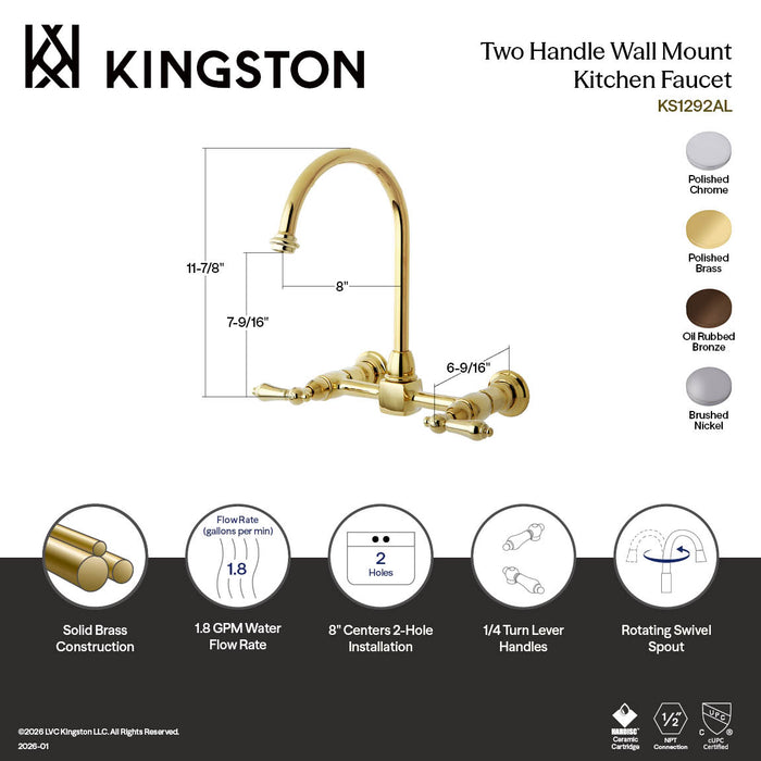 Kingston Tulare KS1295AL - Restoration Two-Handle 2-Hole Wall Mount Bridge Kitchen Faucet, Oil Rubbed Bronze