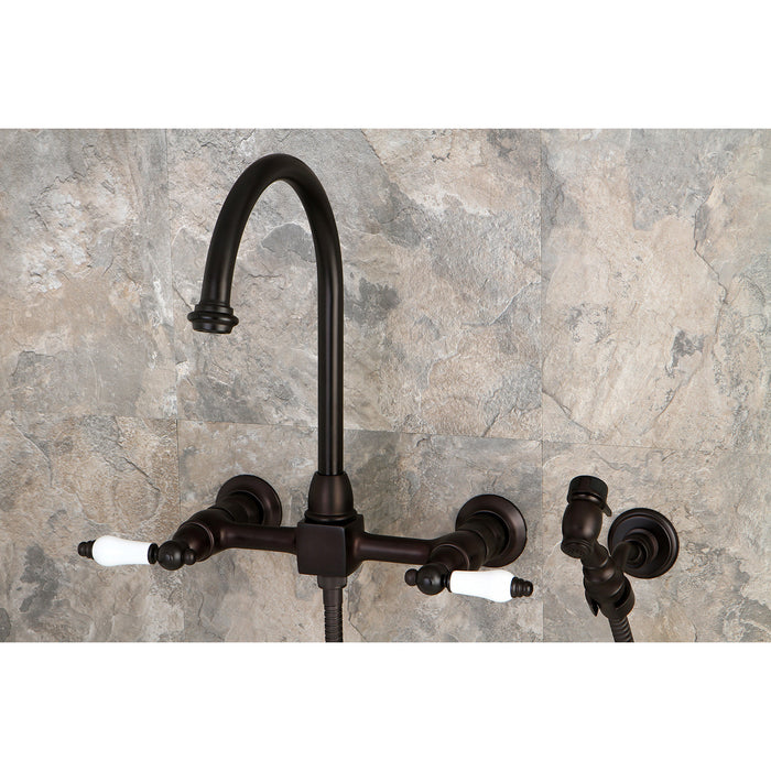 Kingston Tulare KS1295PLBS - Restoration Two-Handle 3-Hole Wall Mount Bridge Kitchen Faucet with Brass Sprayer, Oil Rubbed Bronze