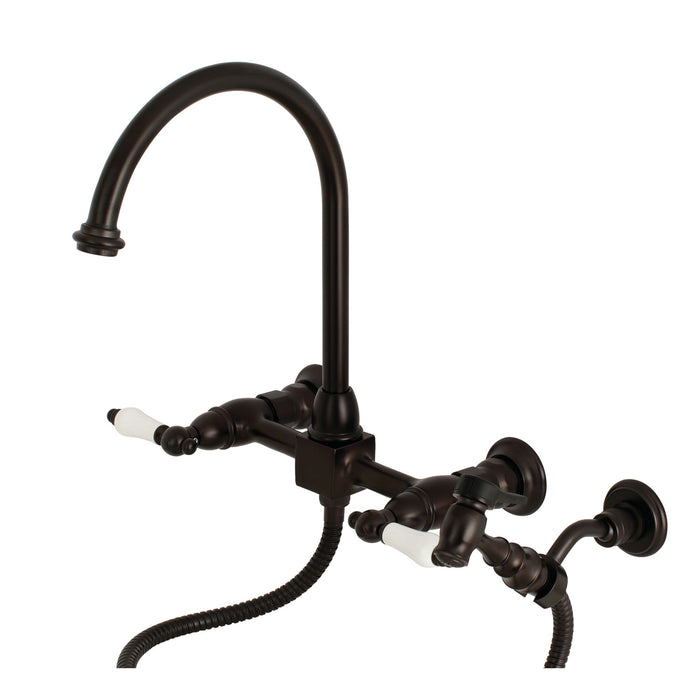 Kingston Tulare KS1295PLBS - Restoration Two-Handle 3-Hole Wall Mount Bridge Kitchen Faucet with Brass Sprayer, Oil Rubbed Bronze