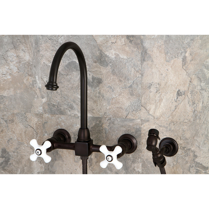 Restoration KS1295PXBS Double-Handle 3-Hole Wall-Mount Bridge Kitchen Faucet with Brass Sprayer, Oil Rubbed Bronze