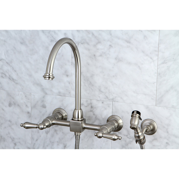 Kingston Tulare KS1298ALBS - Restoration Two-Handle 3-Hole Wall Mount Bridge Kitchen Faucet with Brass Sprayer, Brushed Nickel