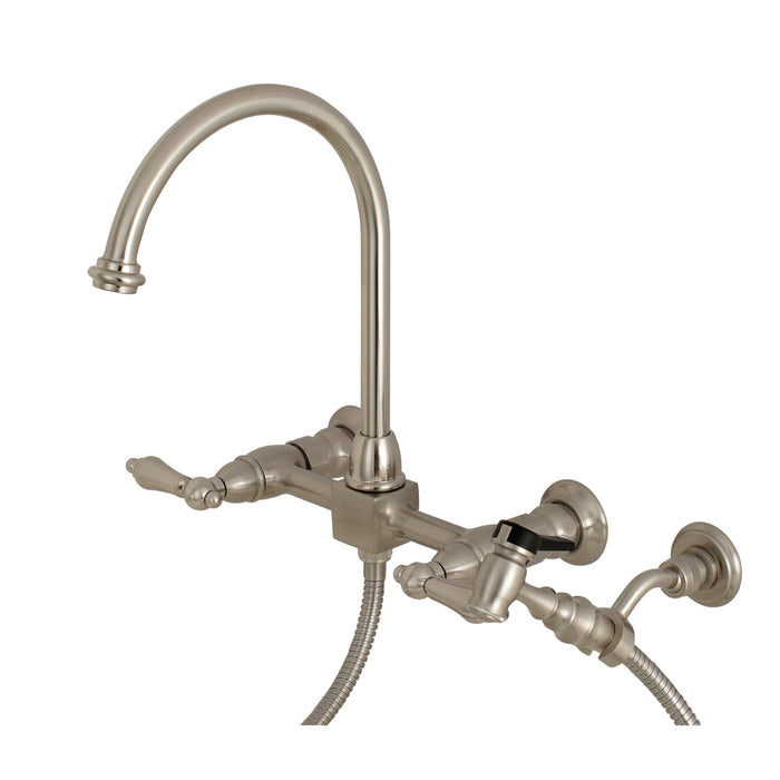 Kingston Tulare KS1298ALBS - Restoration Two-Handle 3-Hole Wall Mount Bridge Kitchen Faucet with Brass Sprayer, Brushed Nickel