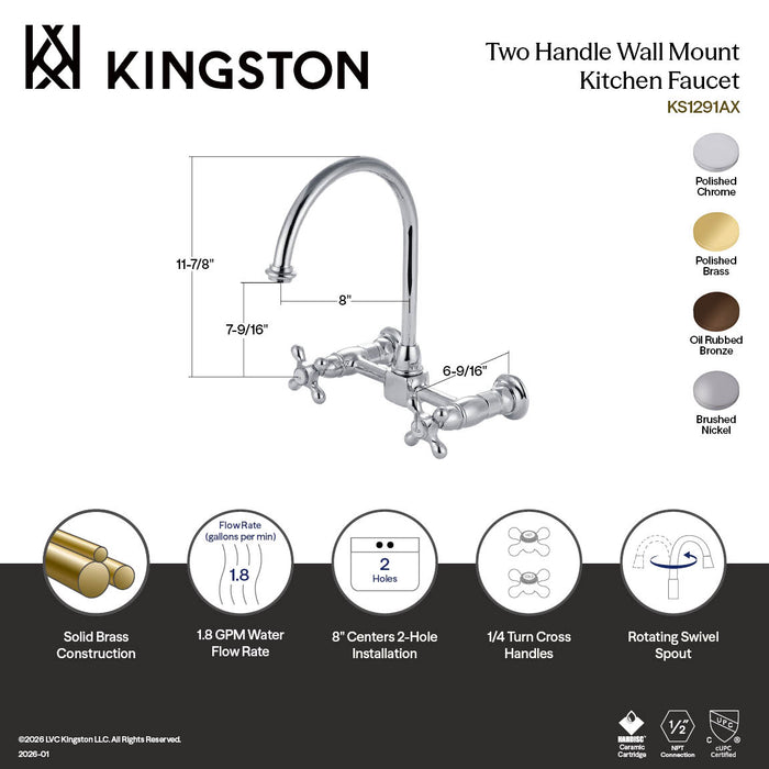 Kingston Tulare KS1298AX - Restoration Two-Handle 2-Hole Wall Mount Bridge Kitchen Faucet, Brushed Nickel