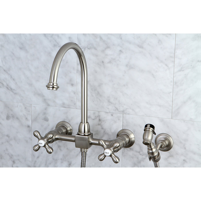 Kingston Tulare KS1298AXBS - Restoration Two-Handle 3-Hole Wall Mount Bridge Kitchen Faucet with Brass Sprayer, Brushed Nickel
