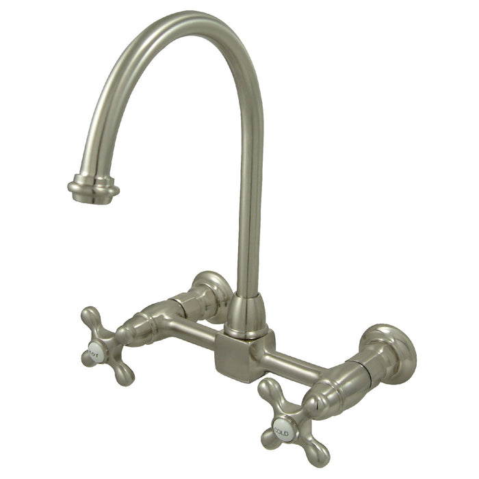 Kingston Tulare KS1298AX - Restoration Two-Handle 2-Hole Wall Mount Bridge Kitchen Faucet, Brushed Nickel