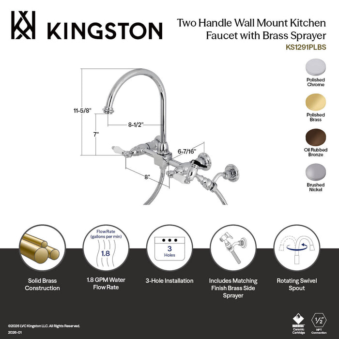 Kingston Tulare KS1298PLBS - Restoration Two-Handle 3-Hole Wall Mount Bridge Kitchen Faucet with Brass Sprayer, Brushed Nickel