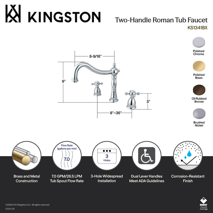 Kingston Heirloom KS1341BX - Metropolitan Two-Handle 3-Hole Deck Mount Roman Tub Faucet, Polished Chrome