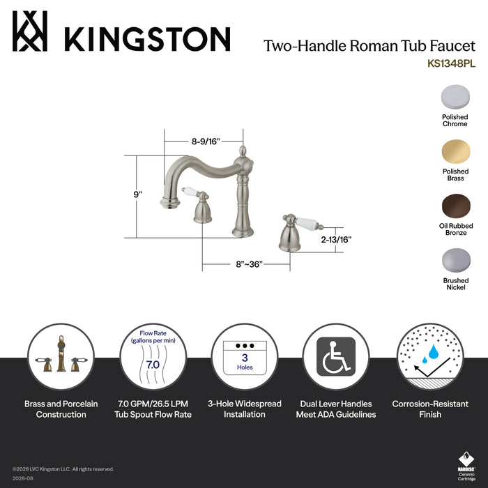 Kingston Heirloom KS1341PL - Heritage Two-Handle 3-Hole Deck Mount Roman Tub Faucet, Polished Chrome