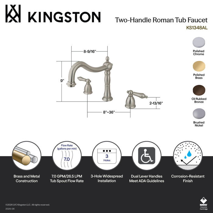 Kingston Heirloom KS1342AL - Heritage Two-Handle 3-Hole Deck Mount Roman Tub Faucet, Polished Brass