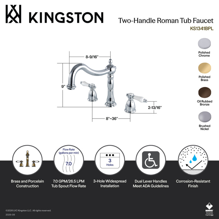 Kingston Heirloom KS1342BPL - Bel-Air Two-Handle 3-Hole Deck Mount Roman Tub Faucet, Polished Brass