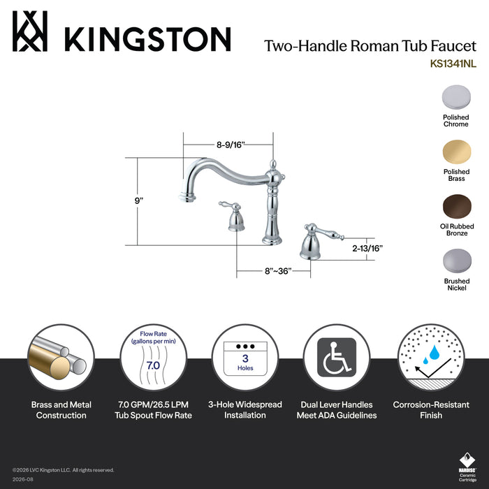 Kingston Heirloom KS1342NL - Naples Two-Handle 3-Hole Deck Mount Roman Tub Faucet, Polished Brass