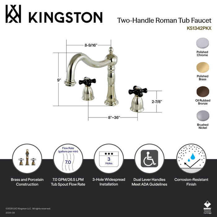 Kingston Heirloom KS1342PKX - Duchess Two-Handle 3-Hole Deck Mount Roman Tub Faucet, Polished Brass