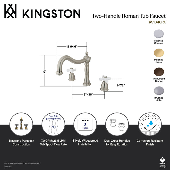 Kingston Heirloom KS1342PX - Heritage Two-Handle 3-Hole Deck Mount Roman Tub Faucet, Polished Brass
